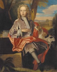 Portrait Of Sir Thomas Dodwell,
Seated Full-length, In A Grey Coat With A Red Mantle, His Arm Resting On
A Book, His Dog By His Side, Sandywell Park Beyond Portrait Of Sir Thomas Dodwell,
Seated Full-length, In A Grey Coat With A Red Mantle, His Arm Resting On
A Book, His Dog By His Side, Sandywell Park Beyond