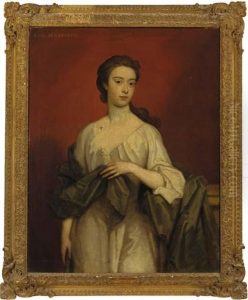 Portrait Of Lady Jenkinson,
Three-quarter-length, In A White Dress With Green Wrap, Resting Her Arm
On A Plinth - view 1
