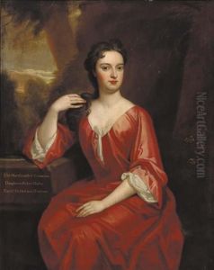 Portrait Of Elizabeth, 
Marchioness Of Carmarthen, Seated Three-quarter-length, In A Red Dress, 
By A Fountain, In A Landscape