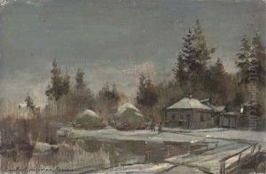 A Russian Riverside Village In Winter by Konstantin Alexeievitch Korovin