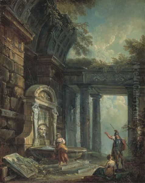 Un Soldat Et Deux Femmes Devant Une Fontaine Antique - view 1