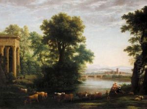 A Pastoral Landscape With Drovers And Cattle Fording A River Before A Classical Portico