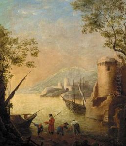 A Harbour At Sunset With Fishermen By The Shore