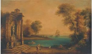 A Coastal Landscape With Shipping And Figures By A Classicalfountain