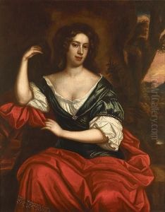 Portrait Of A Lady, Seated 
Three-quarter-length, In A Blue And White Dress With A Crimson Shawl, A 
View To A Landscape Beyond