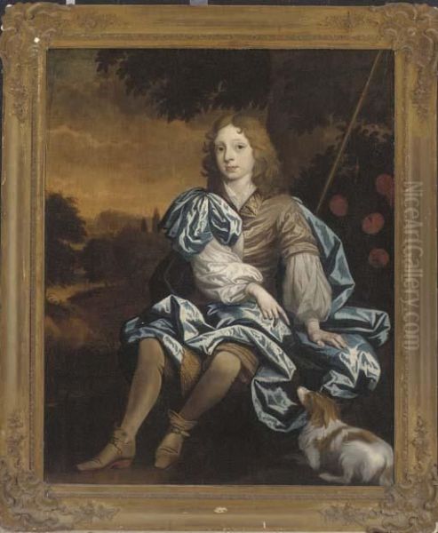 Portrait Of A Boy, Seated 
Full-length, As A Shepherd In A Pastoral Landscape, A Dog At His Feet - view 1