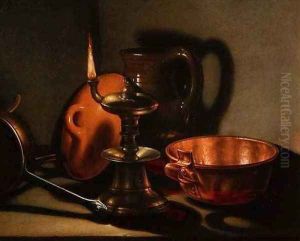 A Still Life with an oil lamp by Cornelis Jacobsz Delff