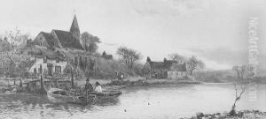 Fishing Boats On A River Edge, A Village In The Background Fishing Boats On A River Edge, A Village In The Background