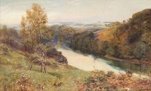 A River Landscape With Rabbits In The Foreground