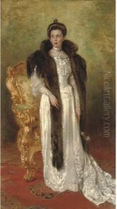 Portrait Of A Lady In A White Dress And Fur Stole by Konstantin Egorovich Egorovich Makovsky
