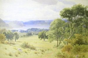 A Lake Landscape, With Sheep Grazing In Parkland