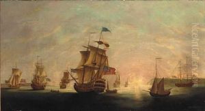 A Squadron Of The Red Under Sail At Dusk by Peter Monamy
