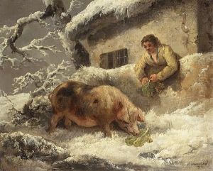 A Winter Landscape With A Farmer Feeding His Pig by George Morland