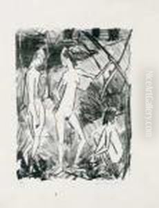 Zwei Stehende Und Ein Sitzendes Madchen by Otto Mueller