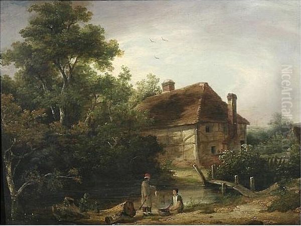 Woodland Scene With Cottage And Figures Fishing At A Stream by Patrick, Peter Nasmyth