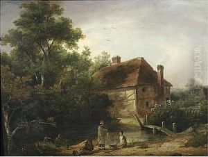 Woodland Scene With Cottage And Figures Fishing At A Stream by Patrick, Peter Nasmyth