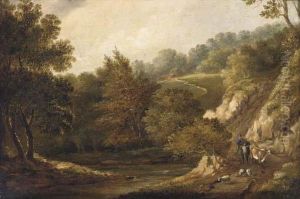 Figures Before A Cottage In A Wooded Landscape by Patrick, Peter Nasmyth