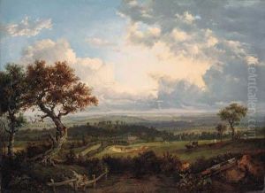 An Extensive Landscape, With Figures And Cattle In The Foregroundand A Village Beyond