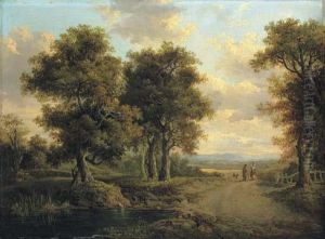 A Wooded Landscape With A Pond In The Foreground And Figures On A Path In The Distance by Patrick, Peter Nasmyth