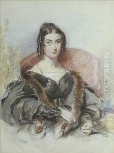 Portraitof A Young Woman, 
Half-length, Her Hair In Ringlets, Seated In Achair, Wearing Fur Trimmed
 Brown Coat