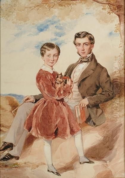 Portrait Of Two Brothers With A Dog - view 1