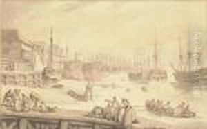 The West India Docks, Blackwall, With Warships Lying On The Stocks