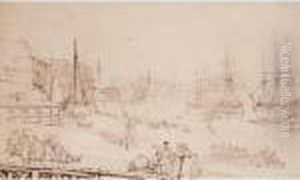 Shipping In A Harbour; Figures Unloading Boats In A Harbour - view 1