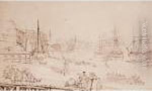 Shipping In A Harbour; Figures Unloading Boats In A Harbour by Thomas Rowlandson