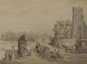 Bustling Activity Before St. Mary's Church With Putney Bridge Beyond by Thomas Rowlandson