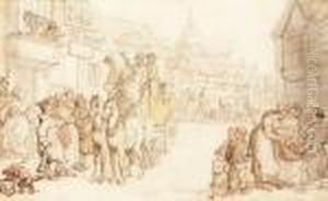 A Coach And Horses Arriving At The Dolphin Inn by Thomas Rowlandson