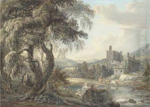A Wooded River Landscape With Figures And Cattle, A Castle Beyond
