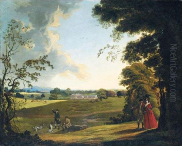 A View Of A Country Estate,
Traditionally Identified As Waldershare Park, Kent, With An Elegant
Couple Walking In The Foreground - view 1