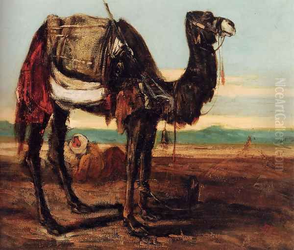 A Bedouin And A Camel Resting In A Desert Landscape - view 1