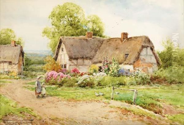 Young Girls Before A Thatched Cottage - view 1