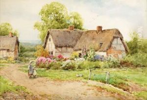 Young Girls Before A Thatched Cottage by Henry John Sylvester Stannard