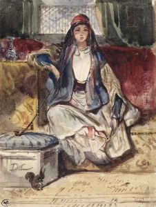 Jeune orientale assise sur un divan fumant dans un interieur avec un ecureuil