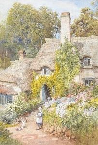 A Thatched Cottage With A Girl Feeding Pigeons By A Flower Bed In The Foreground by Arthur Claude Strachan