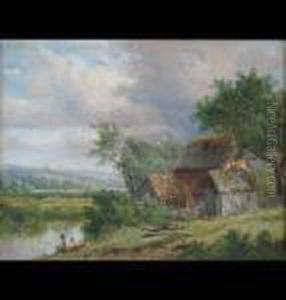 River Landscape Scenes With Figures Fishing Either From A Boat Or The Bank by Joseph Thors