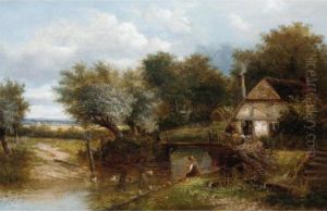 An Angler By A Stream With A Cottage Beyond by Joseph Thors