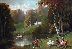 Riders and Amazones at the edge of a lake