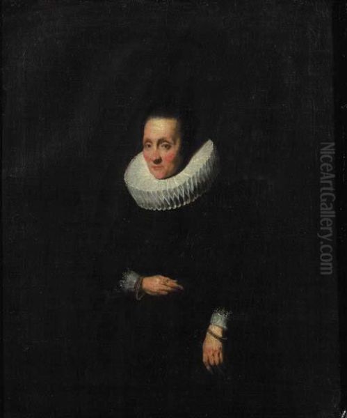 Portrait Of A Lady, Aged 58,
Small Three Quarter Length, Wearing A Black Dress With Molenkraag And
Cuffs, Golden Bracelets - view 1