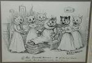 "pa's Seventh Heaven. He Finds
Out How Much His Daughters Really Love Him", Signed 'louis Wain' And
Inscribed With Title by Louis Wain