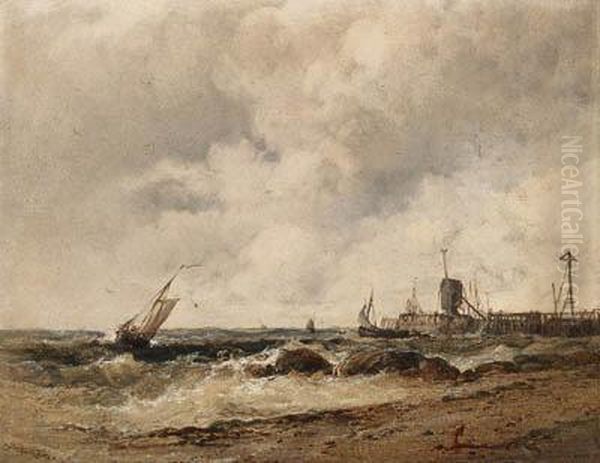 Shipping Off A Pier In Stormy Seas - view 1