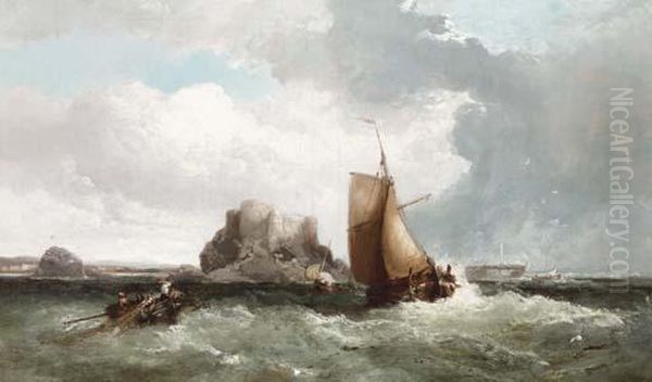A Coastal Scene With Fishing Boats And A Dinghy, Rough Seas Offshore - view 1