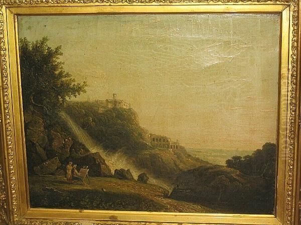 Italianate Landscape With Artist Seated Outdoors Before A Waterfall - view 1