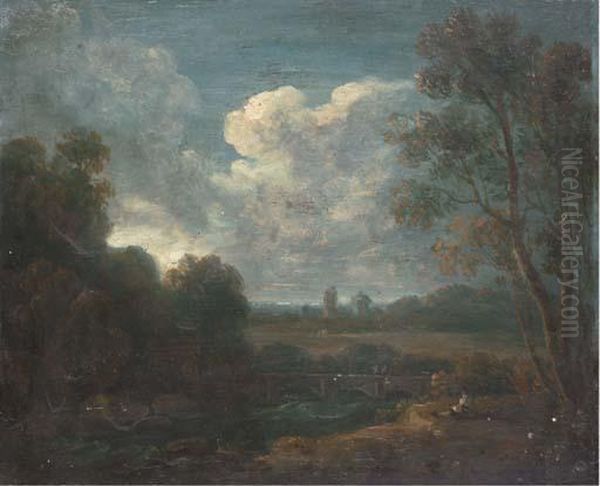 A Figure Resting On A Riverbank With A Town Beyond - view 1