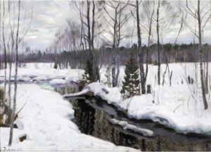 Winter Landscape With Stream by Stanislaw Zukowski