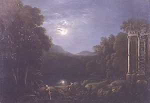 Landscape with Monks by Lake Nemi by James Forrester