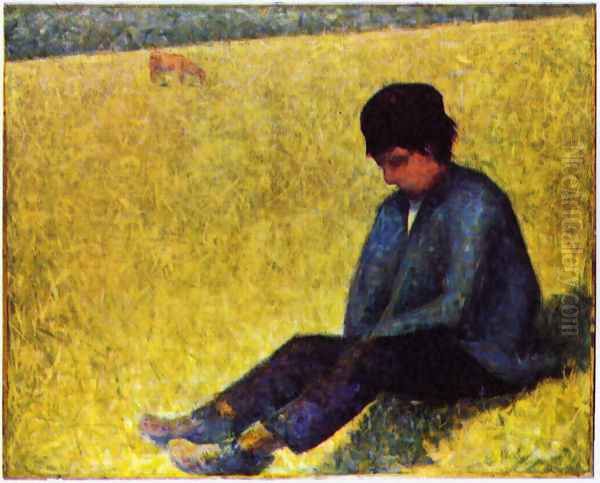 On a meadow sitting boy - view 1