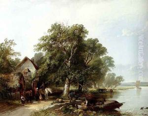 River Landscape With Figures Loading A Boat by Henry John Boddington